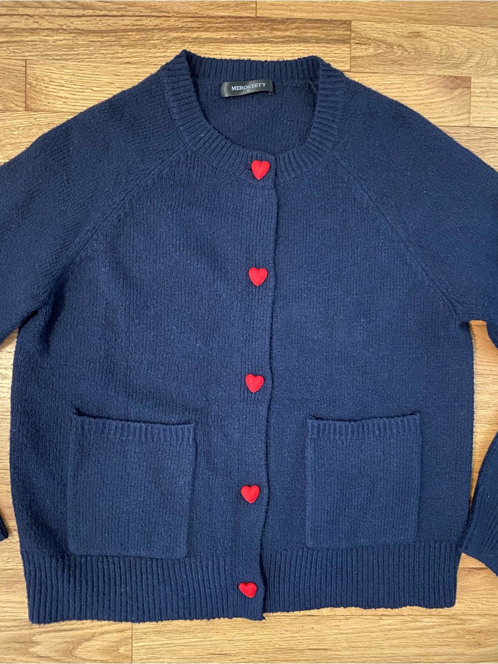 MEROKEETY Navy Knit Cardigan Sweater Red Heart Buttons Pocket Size M
